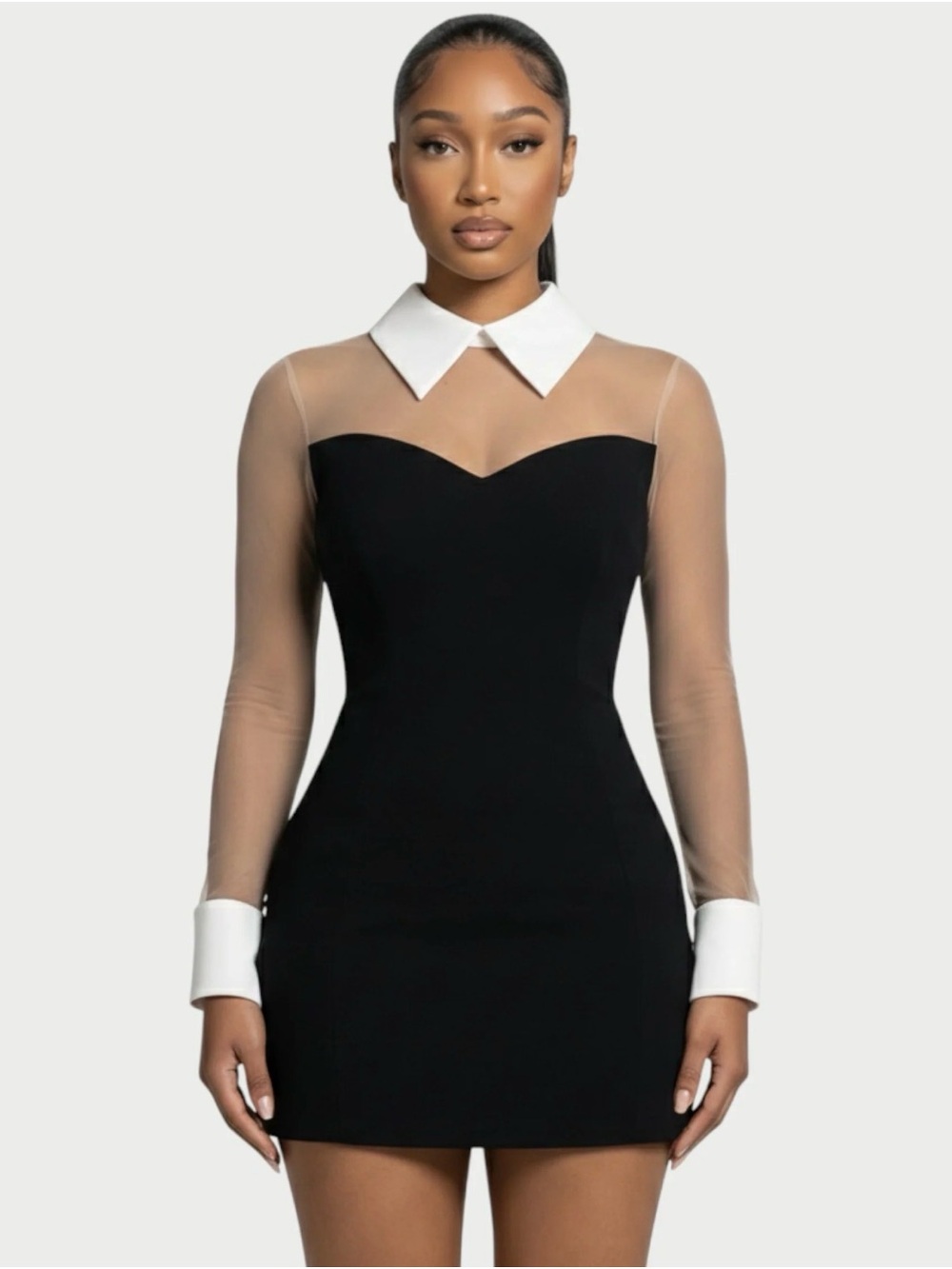 Black Sheer Sleeve Mini Dress with White Collar and Cuffs